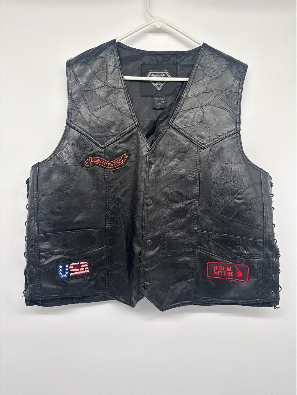 Diamond Plate Buffalo Leather Motorcycle Vest 2X Black Patchwork with Embroider